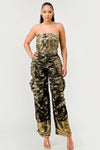 CAMO GOLD STRAPLESS CARGO JUMPSUIT - PRIVILEGE 