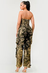 CAMO GOLD STRAPLESS CARGO JUMPSUIT - PRIVILEGE 