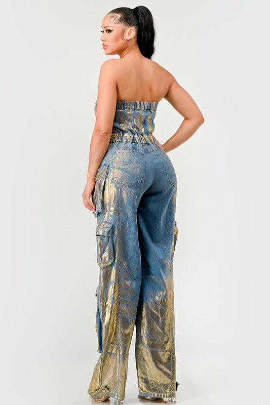 Gold Paint Denim Strapless Cargo Jumpsuit - PRIVILEGE 