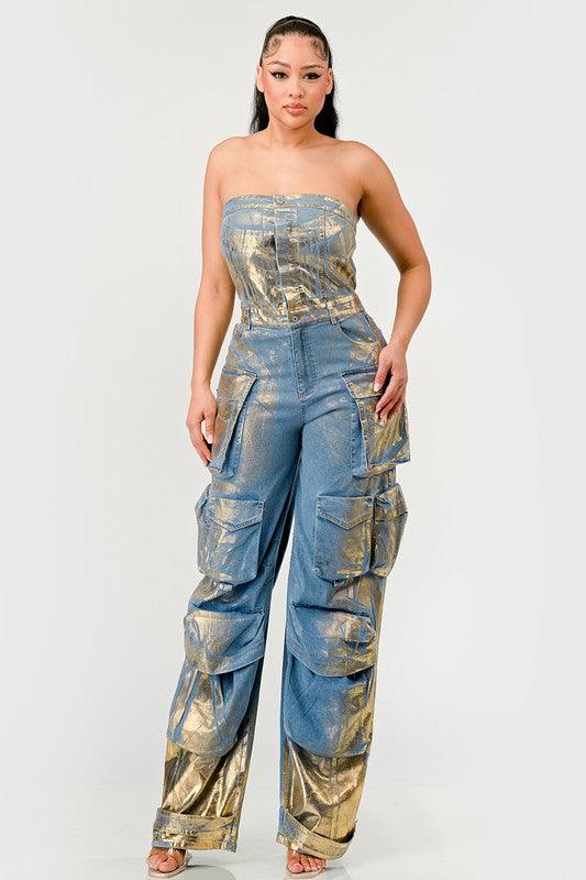 Gold Paint Denim Strapless Cargo Jumpsuit - PRIVILEGE 