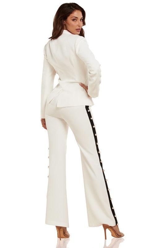 Sophisticated White Suit Black and Pearl Accents - PRIVILEGE 