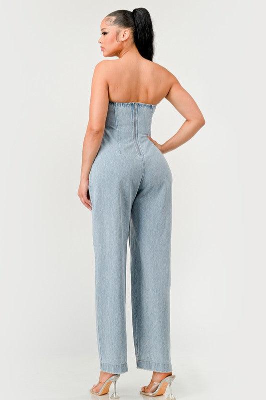 Casual Strapless Denim Jumpsuit - PRIVILEGE 