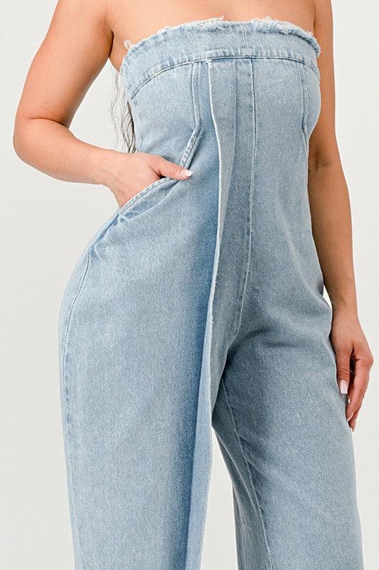 Casual Strapless Denim Jumpsuit - PRIVILEGE 