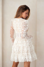 Deep V-Neck Lace Tiered MINI Dress - PRIVILEGE 