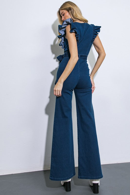 DENIM RUFFLE JUMPSUIT - PRIVILEGE 