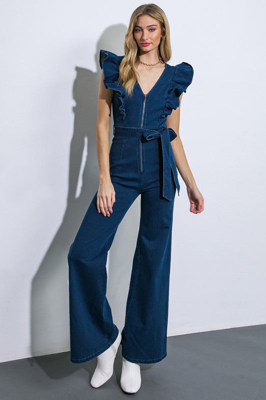 DENIM RUFFLE JUMPSUIT - PRIVILEGE 