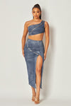 METALIC DENIM  WASH 2 PC MAXI SKIRT  SET WITH CROP TOP - PRIVILEGE 