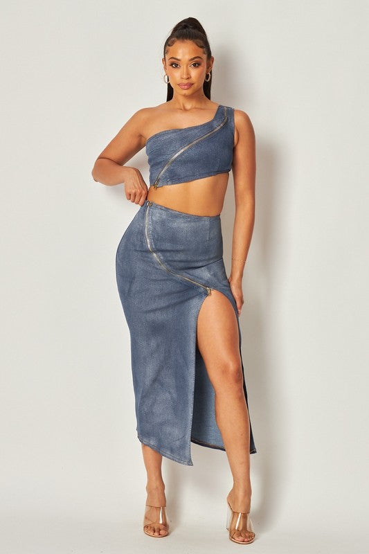 METALIC DENIM  WASH 2 PC MAXI SKIRT  SET WITH CROP TOP - PRIVILEGE 