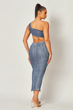 METALIC DENIM  WASH 2 PC MAXI SKIRT  SET WITH CROP TOP - PRIVILEGE 