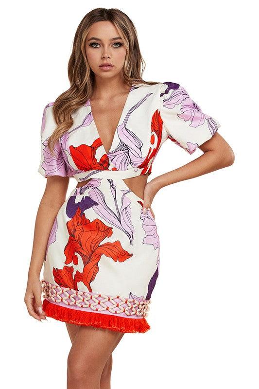 Orange Purple Leaf Print Cut Out Mini Dress - PRIVILEGE 