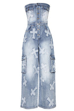 MEDIUM WASHED TUBE CARGO JUMPSUIT WITH CROSS PATCH - PRIVILEGE 