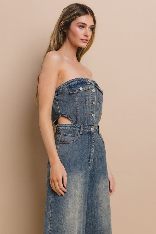 DENIM TUBE CUT OUT FULL LENGTH JUMPSUIT - PRIVILEGE 