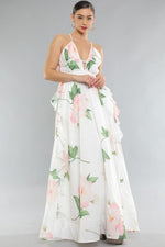 FLORAL PRINT SLEEVELESS DEEP V NECK RUFFLE MAXI DRESS - PRIVILEGE 