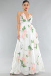 FLORAL PRINT SLEEVELESS DEEP V NECK RUFFLE MAXI DRESS - PRIVILEGE 