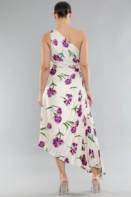 PLEATED FLOWER PRINT ONE SHOULDER MAXI DRESS - PRIVILEGE 