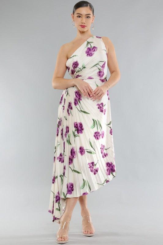 PLEATED FLOWER PRINT ONE SHOULDER MAXI DRESS - PRIVILEGE 