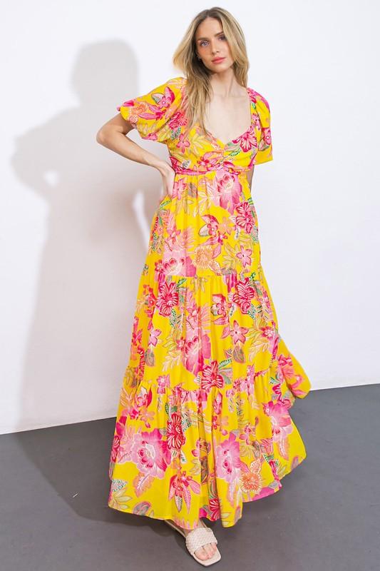 SWEET HEART NECK LINE FLORAL MAXI DRESS - PRIVILEGE 