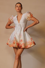 FLORAL PRINT PLUNGE NECK DRESS WITH PUFF SLEEVES - PRIVILEGE 