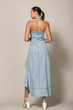 HI-LOW RUFFLE HEM HALTER DENIM MIDI DRESS - PRIVILEGE 