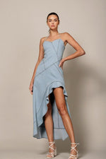 HI-LOW RUFFLE HEM HALTER DENIM MIDI DRESS - PRIVILEGE 