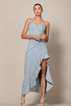 HI-LOW RUFFLE HEM HALTER DENIM MIDI DRESS - PRIVILEGE 