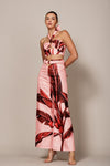 TROPICAL PRINT HALTER TOP WITH FRONT RING AND FLARE PANT SET - PRIVILEGE 