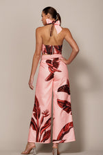 TROPICAL PRINT HALTER TOP WITH FRONT RING AND FLARE PANT SET - PRIVILEGE 