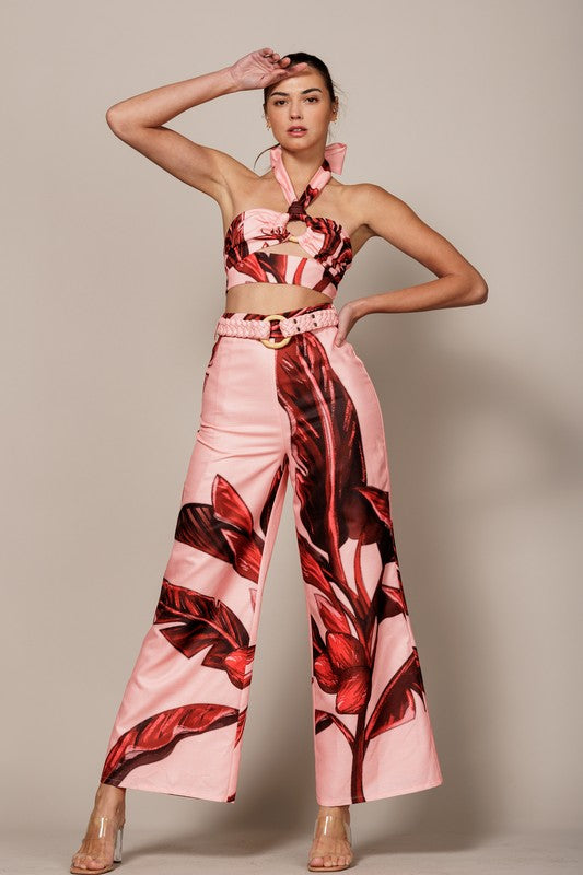 TROPICAL PRINT HALTER TOP WITH FRONT RING AND FLARE PANT SET - PRIVILEGE 