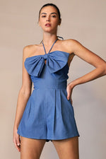 DENIM SLEEVELESS ROMPER WITH EXAGERATED FRONT BOW - PRIVILEGE 