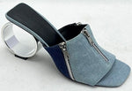 ZIPPER SQUARE TOE CHUNKY SLIDES CIRCLES DENIM