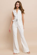 SLEEVELESS BELTED LONG FLARE DENIM JUMPSUIT - PRIVILEGE 