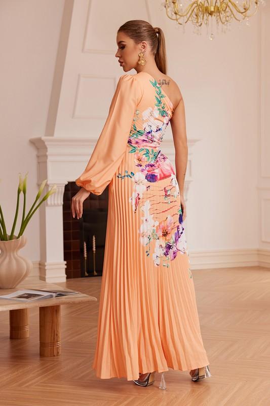 ONE SLEEVE PLEATED FLORAL MAXI DRESS