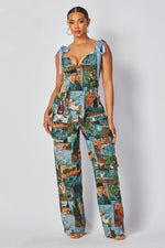 TAPESTRY TWO PIECE LACE BACK TOP FLARE PANT SET