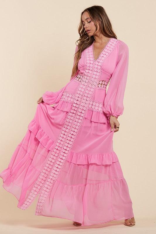 Pleated Perfection Maxi Dress Blushing Pink Lace - PRIVILEGE 