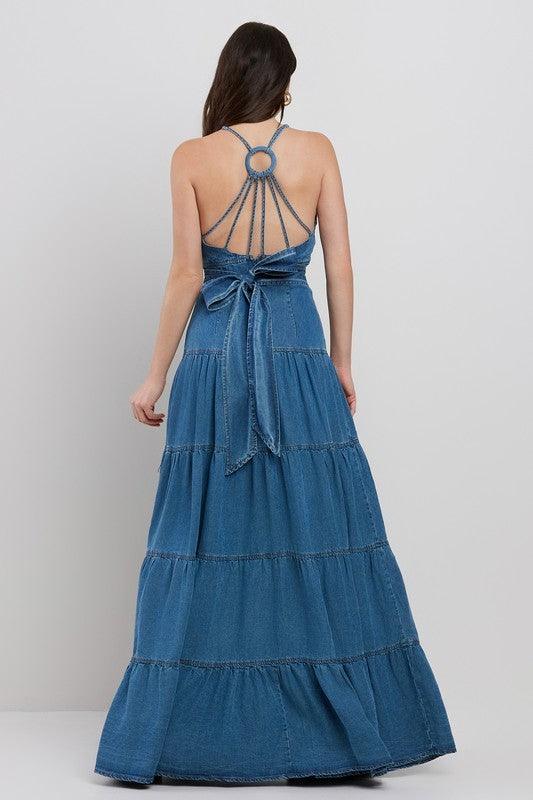 DENIM O-RING BACK DETAILED TIERED MAXI DRESS