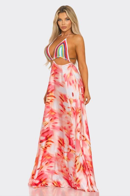 CROCHET ALL OVER PRINT MAXI DRESS