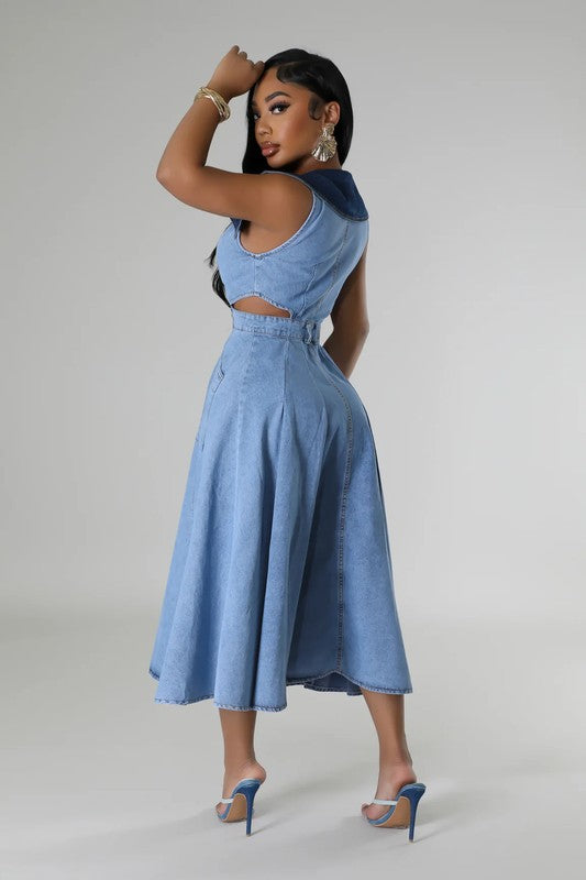 DENIM SIDE CUT OUT FLARE DRESS