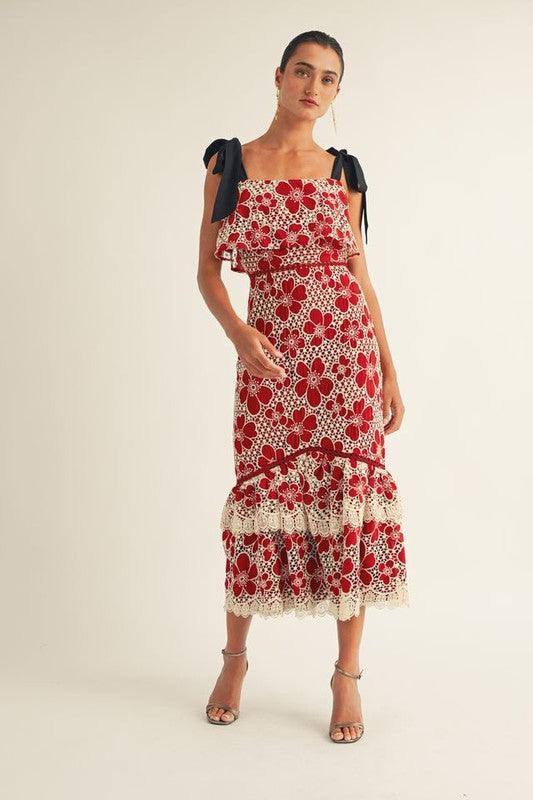 Flower Embroidered Lace Ruffle Bottom Midi Dress