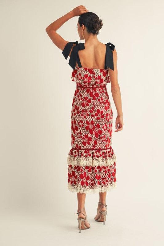 Flower Embroidered Lace Ruffle Bottom Midi Dress