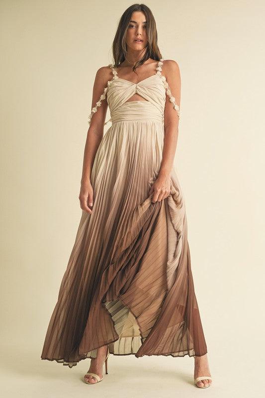 OMBRE PLEATED MAXI DRESS FLORAL STRAP DETAIL