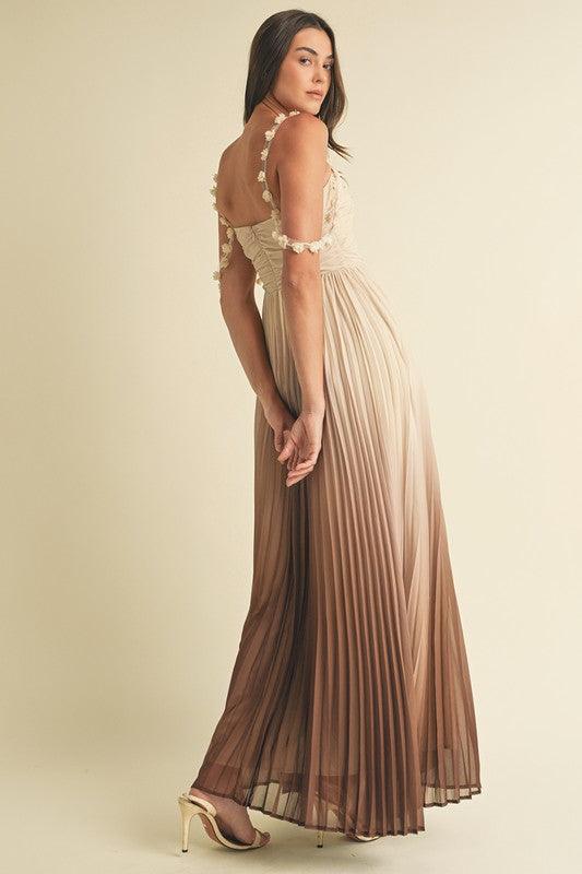 OMBRE PLEATED MAXI DRESS FLORAL STRAP DETAIL