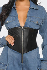 Denim Cargo Jumpsuit with Faux Leather Corset