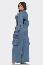 Denim Cargo Jumpsuit with Faux Leather Corset