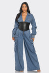 Denim Cargo Jumpsuit with Faux Leather Corset