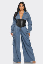 Denim Cargo Jumpsuit with Faux Leather Corset