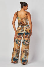 TAPESTRY TWO PIECE LACE BACK TOP FLARE PANT SET