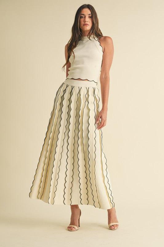 PLEATED TRIM DETAIL KNIT TOP AND MAXI SKIRT