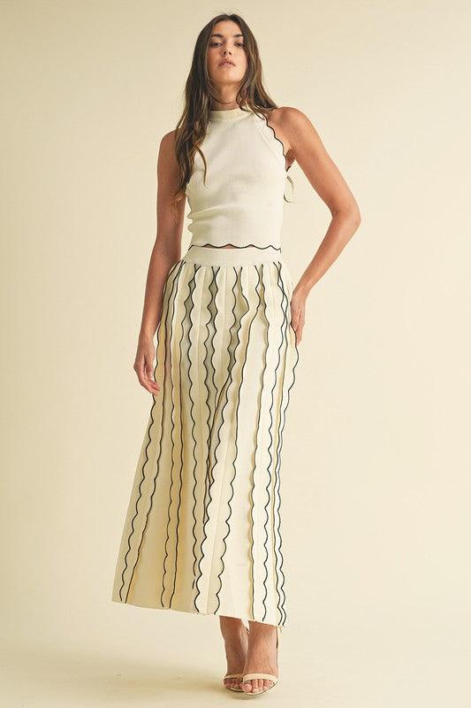 PLEATED TRIM DETAIL KNIT TOP AND MAXI SKIRT