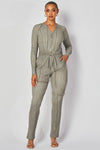 Rib Knit Long Sleeve Tie Waist Jumpsuit