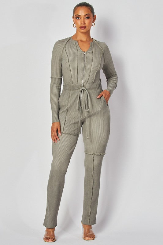 Rib Knit Long Sleeve Tie Waist Jumpsuit